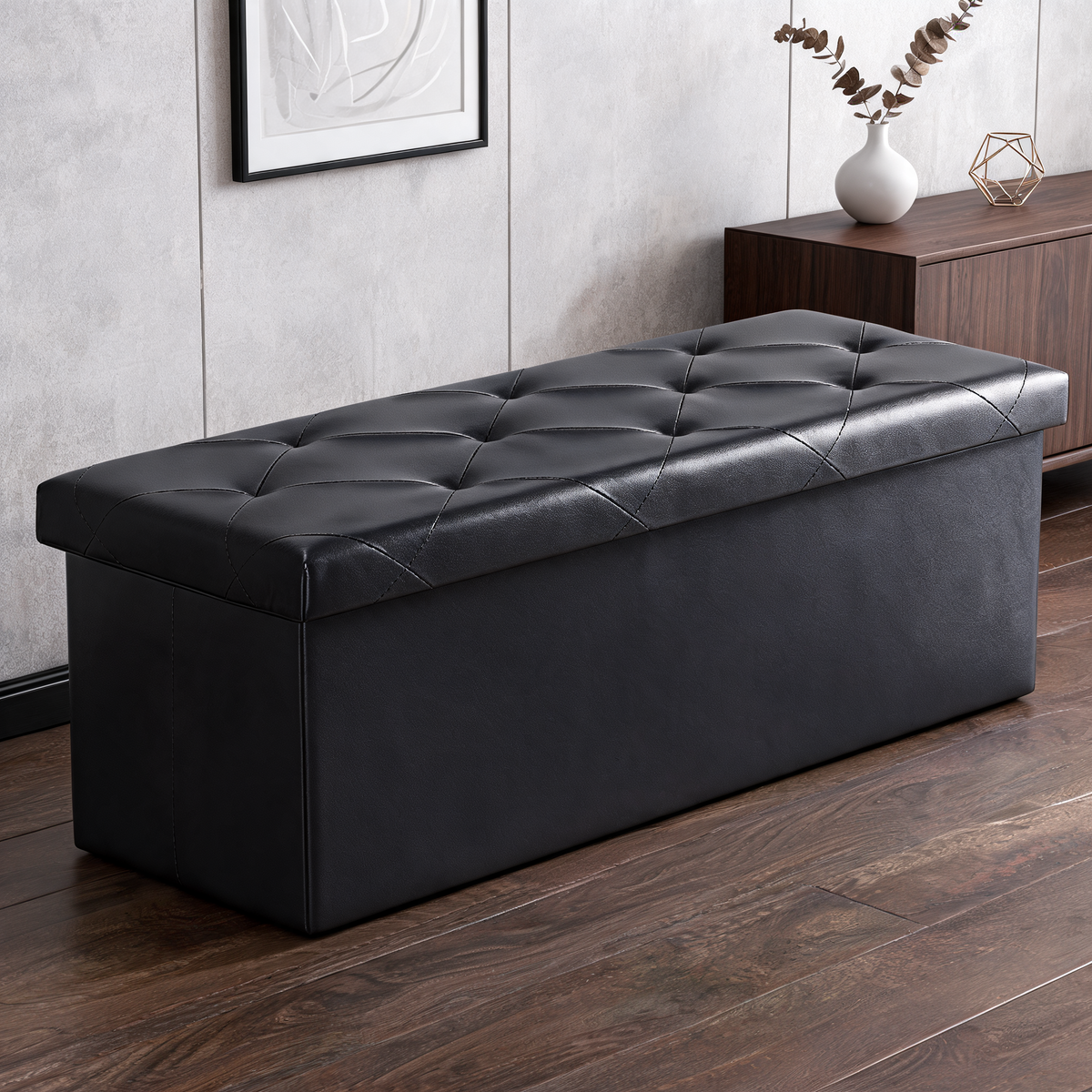 Folding Storage Ottoman Bench, 30 in / 76.2 cm Faux Leather Footstool and Toy Box with Memory Foam Seat, for Bedroom, Living Room and Entryway