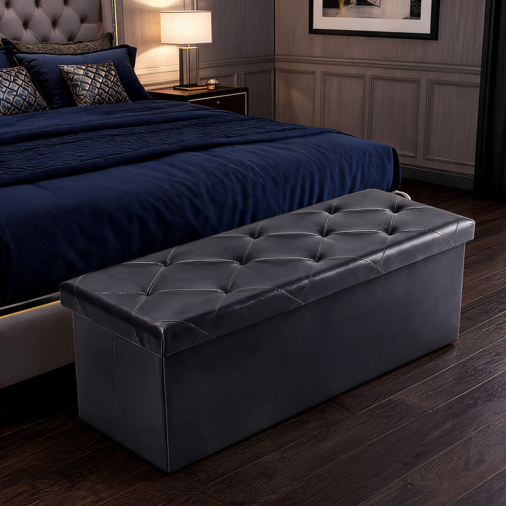 Folding Storage Ottoman Bench, 30 in / 76.2 cm Faux Leather Footstool and Toy Box with Memory Foam Seat, for Bedroom, Living Room and Entryway