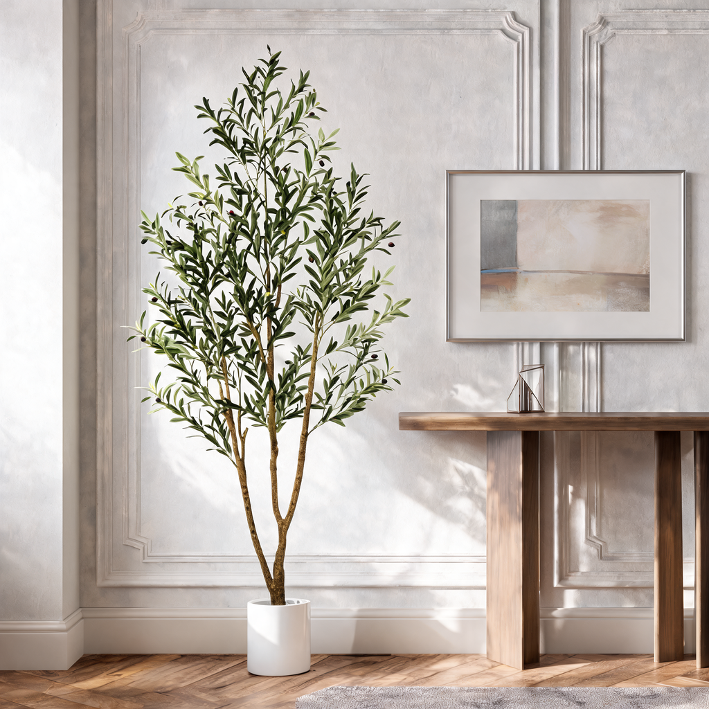 Faux Olive Tree in Tall White Planter, Artificial Indoor Floor Plant with Wood Trunk and Lifelike Olives, 5 to 7 ft / 152 to 213 cm, for Entryway