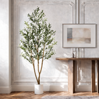 Faux Olive Tree in Tall White Planter, Artificial Indoor Floor Plant with Wood Trunk and Lifelike Olives, 5 to 7 ft / 152 to 213 cm, for Entryway
