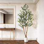 Faux Olive Tree in Tall White Planter, Artificial Indoor Floor Plant with Wood Trunk and Lifelike Olives, 5 to 7 ft / 152 to 213 cm, for Entryway