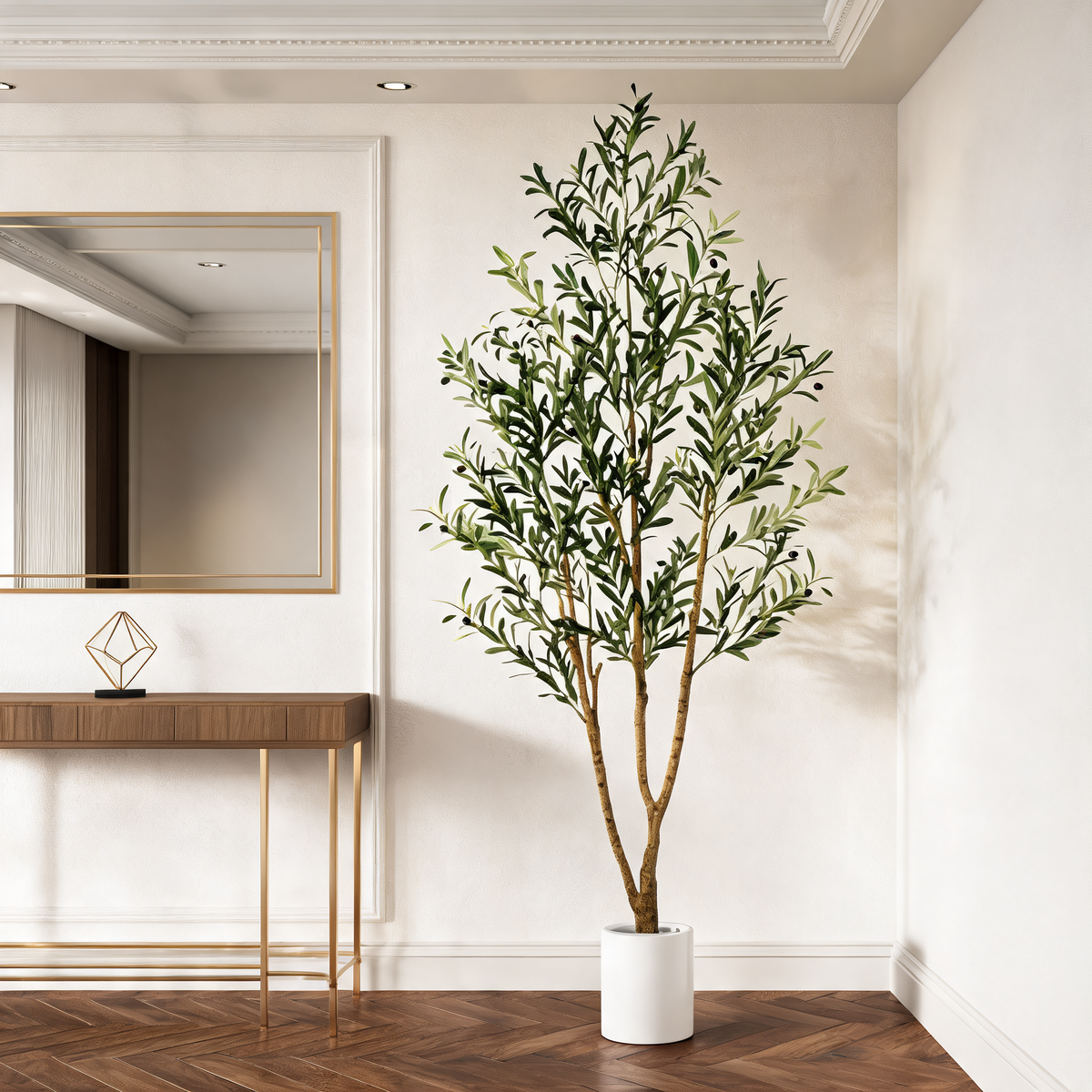Faux Olive Tree in Tall White Planter, Artificial Indoor Floor Plant with Wood Trunk and Lifelike Olives, 5 to 7 ft / 152 to 213 cm, for Entryway