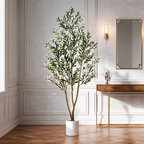 Faux Olive Tree in Tall White Planter, Artificial Indoor Floor Plant with Wood Trunk and Lifelike Olives, 5 to 7 ft / 152 to 213 cm, for Entryway