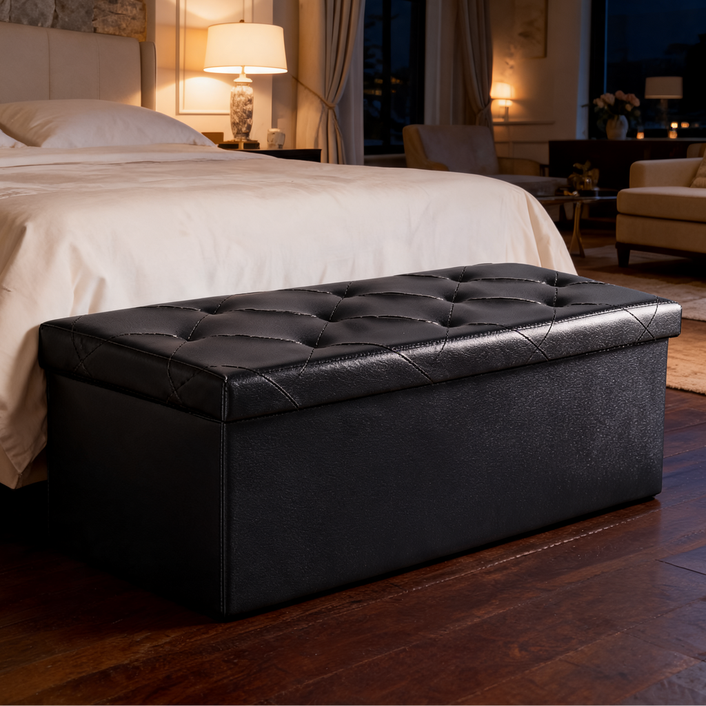 Folding Storage Ottoman Bench, 30 in / 76.2 cm Faux Leather Footstool and Toy Box with Memory Foam Seat, for Bedroom, Living Room and Entryway