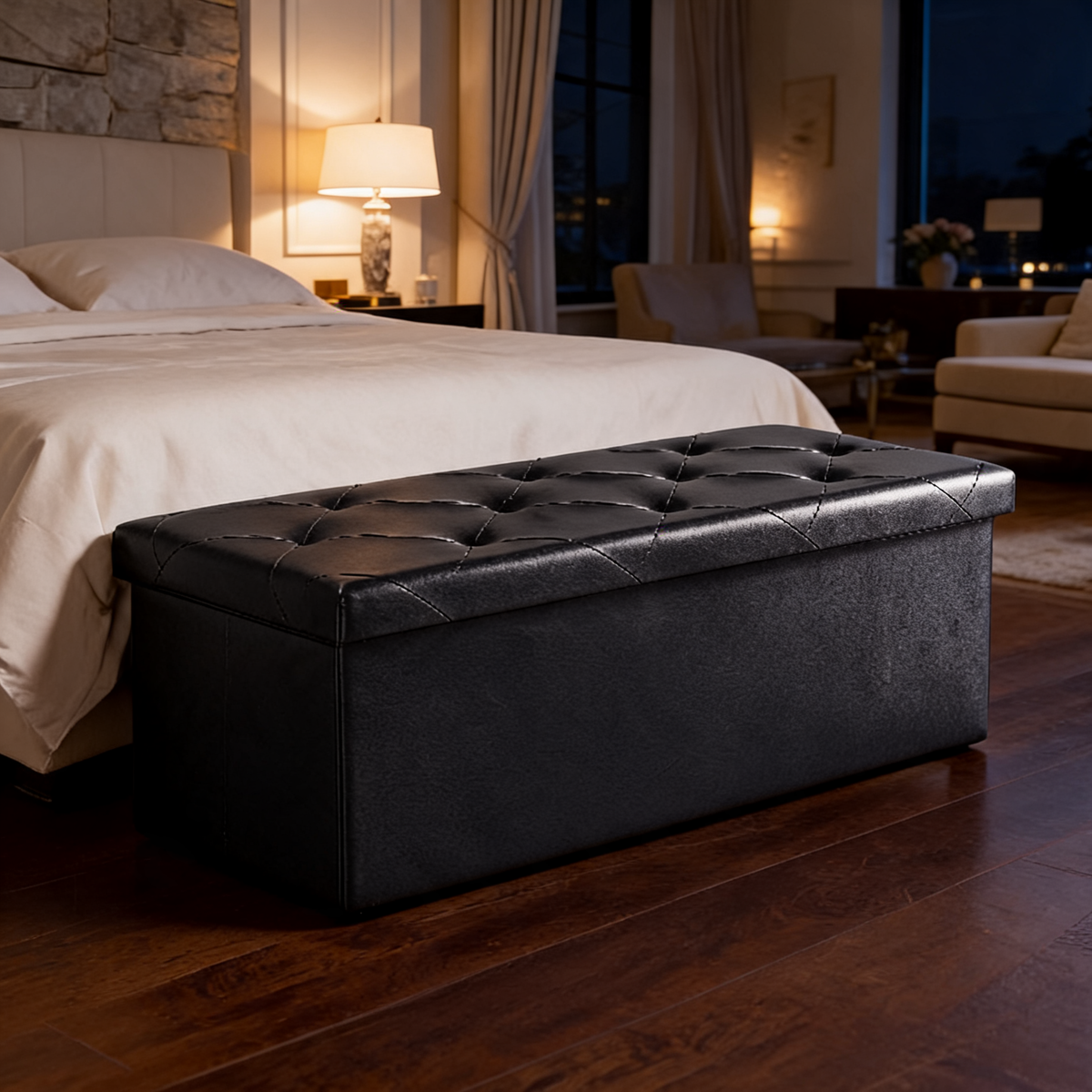 Folding Storage Ottoman Bench, 30 in / 76.2 cm Faux Leather Footstool and Toy Box with Memory Foam Seat, for Bedroom, Living Room and Entryway