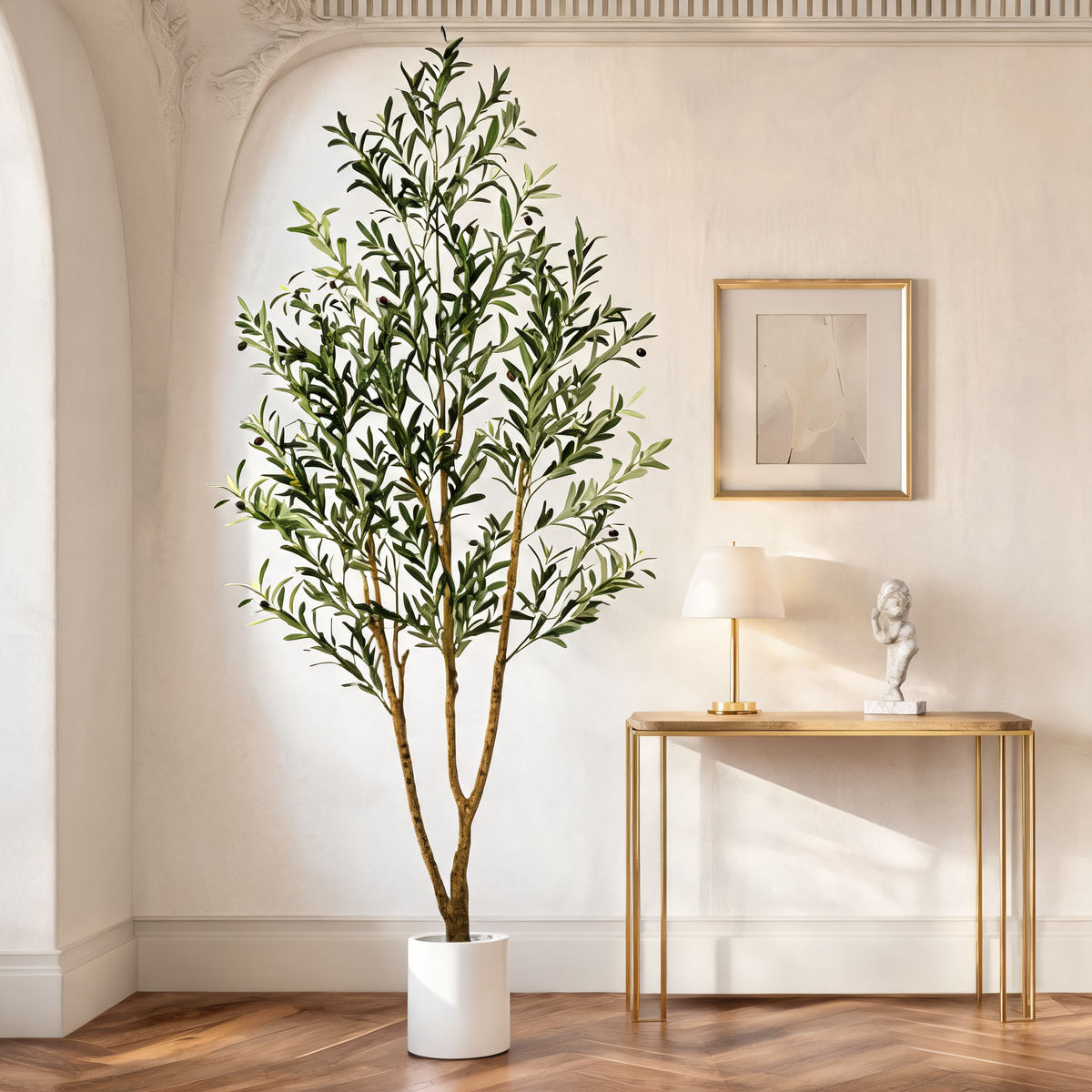 Faux Olive Tree in Tall White Planter, Artificial Indoor Floor Plant with Wood Trunk and Lifelike Olives, 5 to 7 ft / 152 to 213 cm, for Entryway