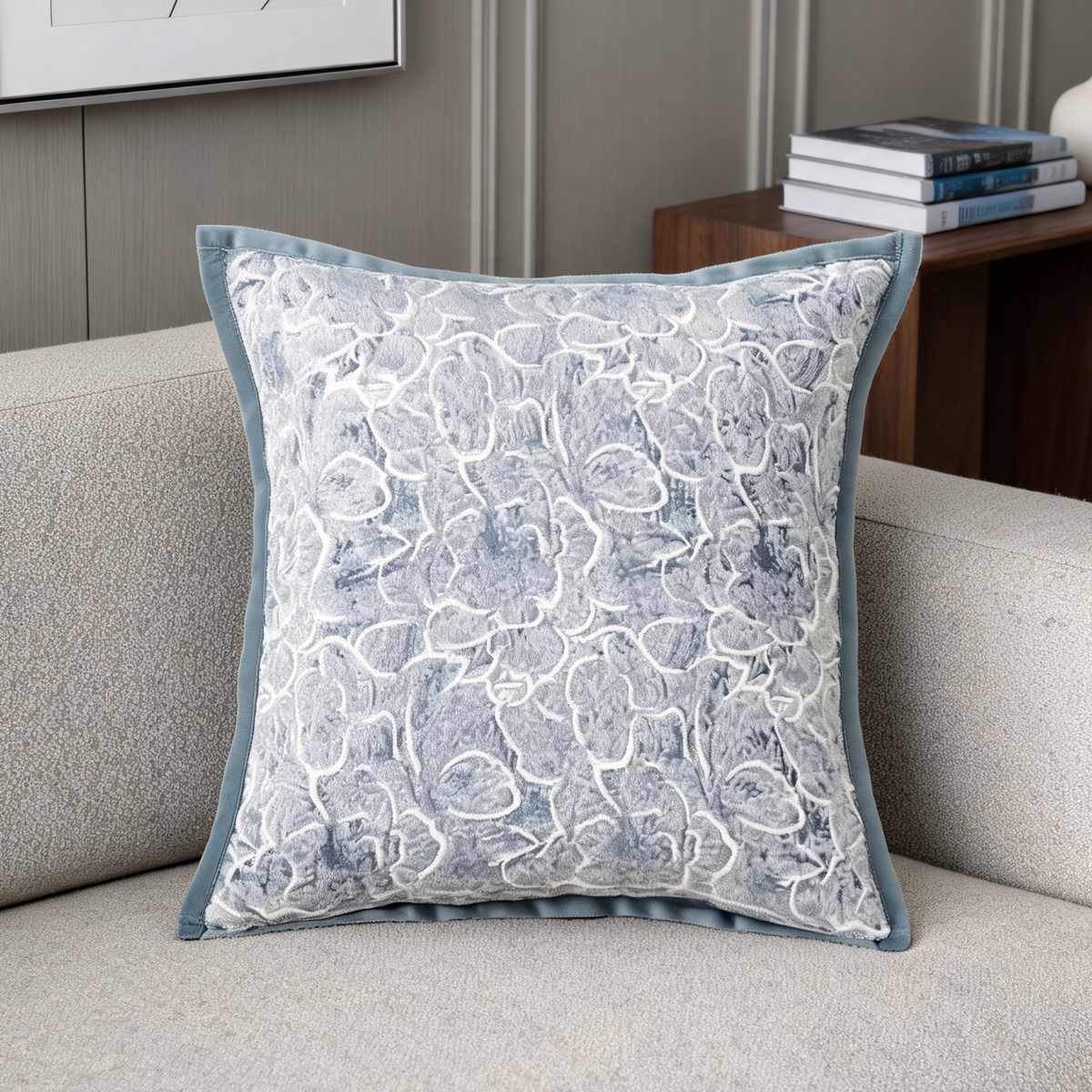 Gray and Blue Chenille Throw Pillow Cover, Woven Jacquard Cushion Case in Four Cool Toned Designs, 40 x 40 to 50 x 50 cm / 15.7 to 19.7 in