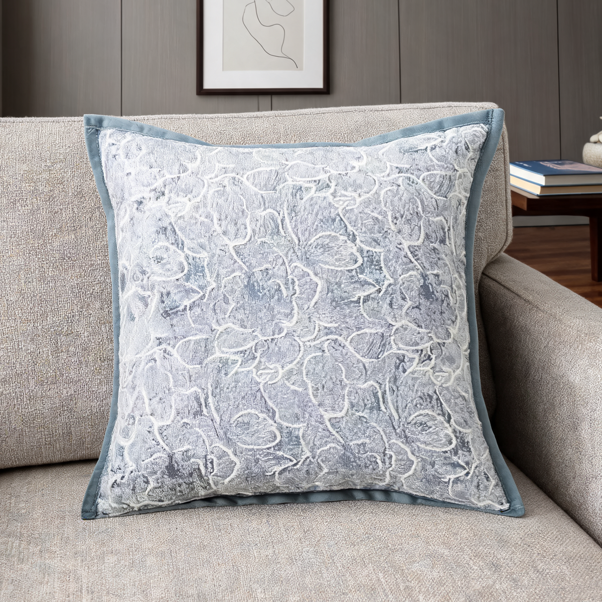 Gray and Blue Chenille Throw Pillow Cover, Woven Jacquard Cushion Case in Four Cool Toned Designs, 40 x 40 to 50 x 50 cm / 15.7 to 19.7 in