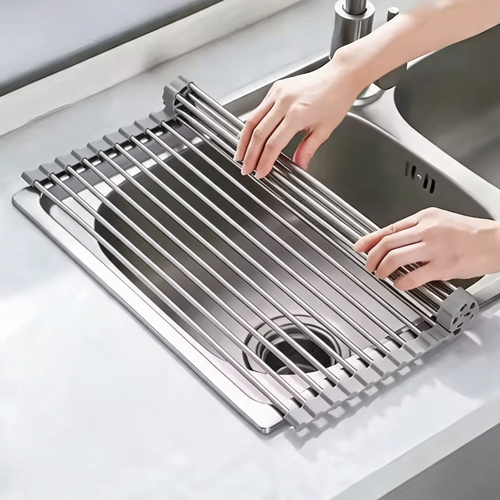 Roll Up Dish Drying Rack, 304 Stainless Steel Over Sink Drainer with Silicone Edges, Foldable Kitchen Sink Mat, Three Sizes