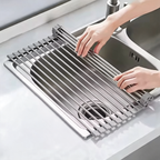 Roll Up Dish Drying Rack, 304 Stainless Steel Over Sink Drainer with Silicone Edges, Foldable Kitchen Sink Mat, Three Sizes