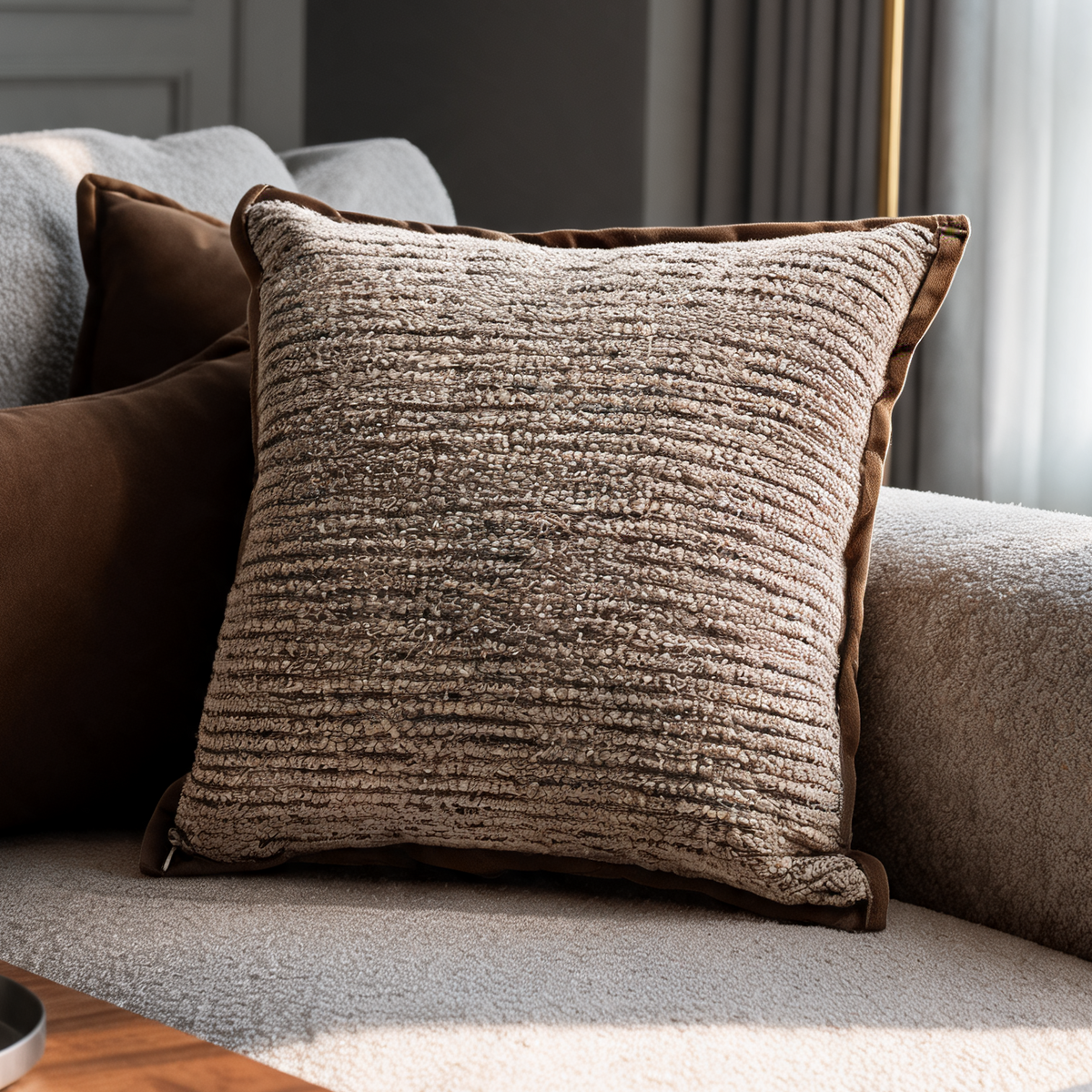 Textured Throw Pillow Cover, Woven Cushion Case in Brown, Gray and Chocolate, 45 x 45 cm / 17.7 in Square or 30 x 50 cm / 19.7 in Lumbar