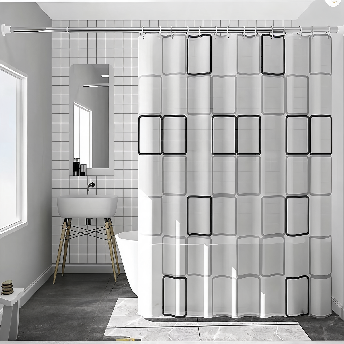 Waterproof Shower Curtain with Hooks, PE EVA Bath Panel, Mildew Proof and Trim to Fit, Reinforced Steel Holes, for Tubs and Stalls