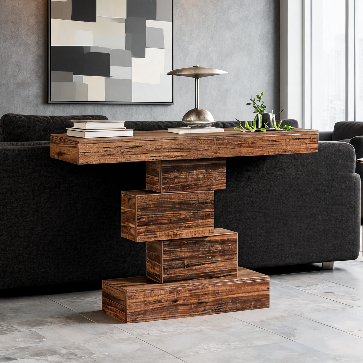 Zigzag Stack Console Table, 108 x 30 x 80 cm / 42.5 x 11.8 x 31.5 in Narrow Sofa Table with Open Shelf Base for Entryway and Hallway