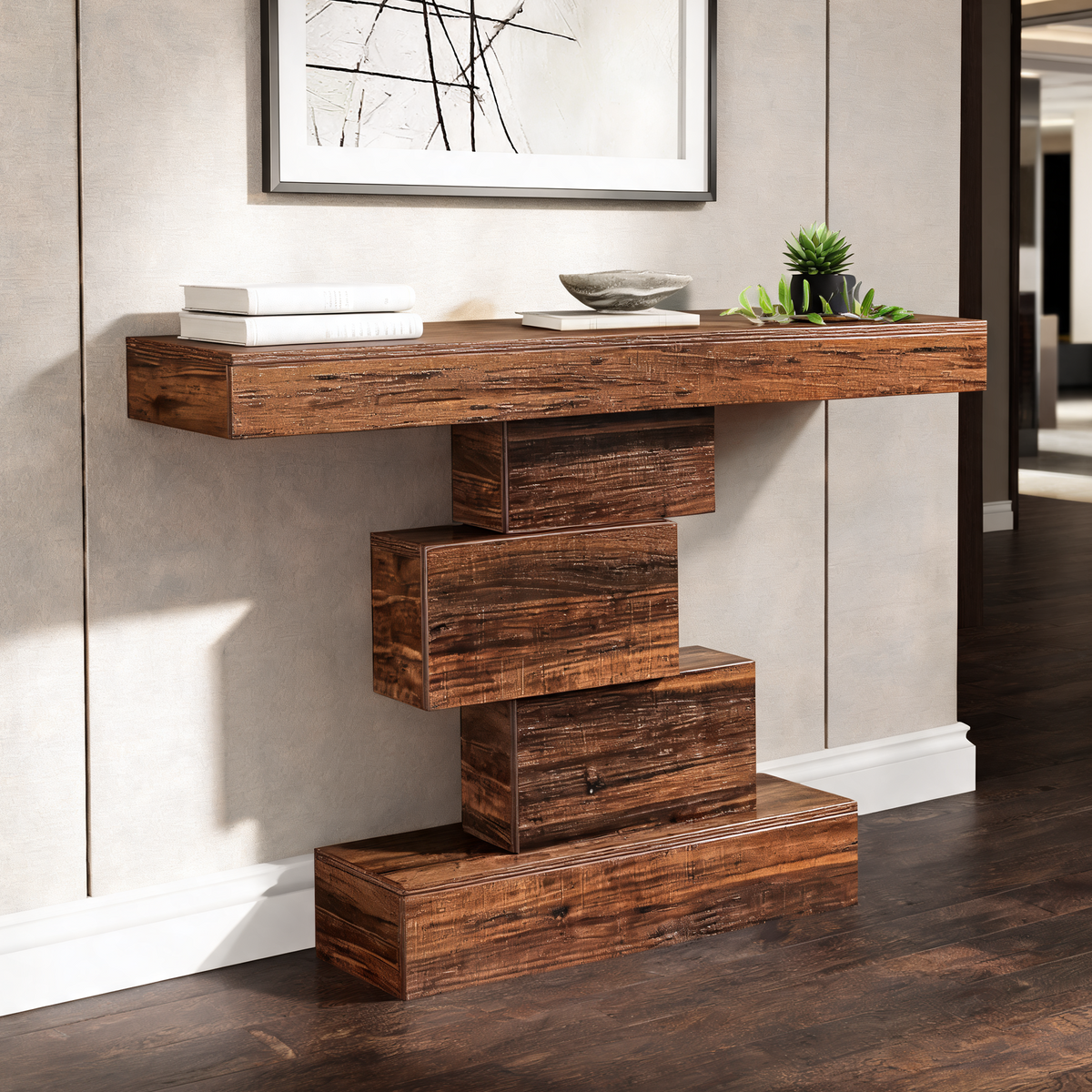 Zigzag Stack Console Table, 108 x 30 x 80 cm / 42.5 x 11.8 x 31.5 in Narrow Sofa Table with Open Shelf Base for Entryway and Hallway