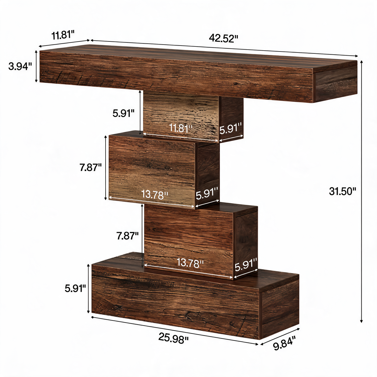 Zigzag Stack Console Table, 108 x 30 x 80 cm / 42.5 x 11.8 x 31.5 in Narrow Sofa Table with Open Shelf Base for Entryway and Hallway