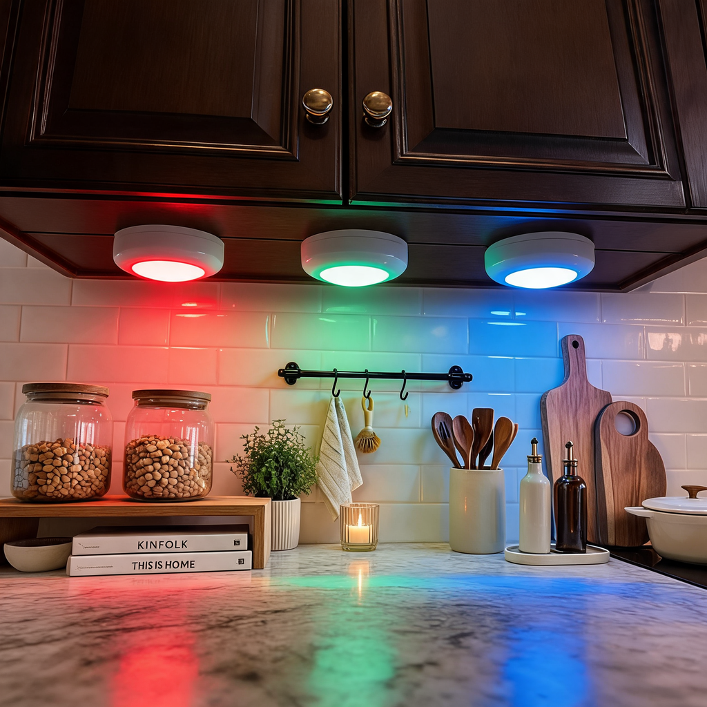 RGB Under Cabinet Puck Lights with Remote, Battery Powered Wireless LED Closet and Night Lights, Dimmable with Timer, Sets of 1 to 6