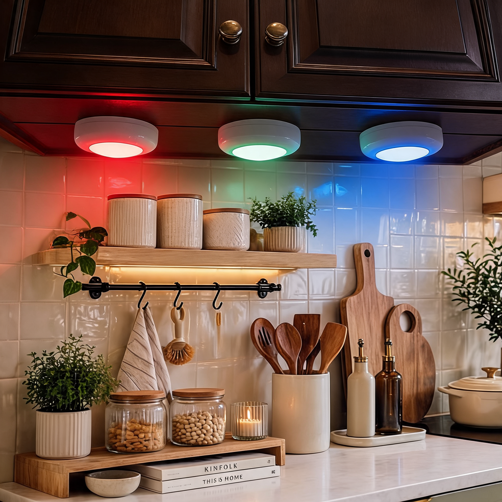RGB Under Cabinet Puck Lights with Remote, Battery Powered Wireless LED Closet and Night Lights, Dimmable with Timer, Sets of 1 to 6