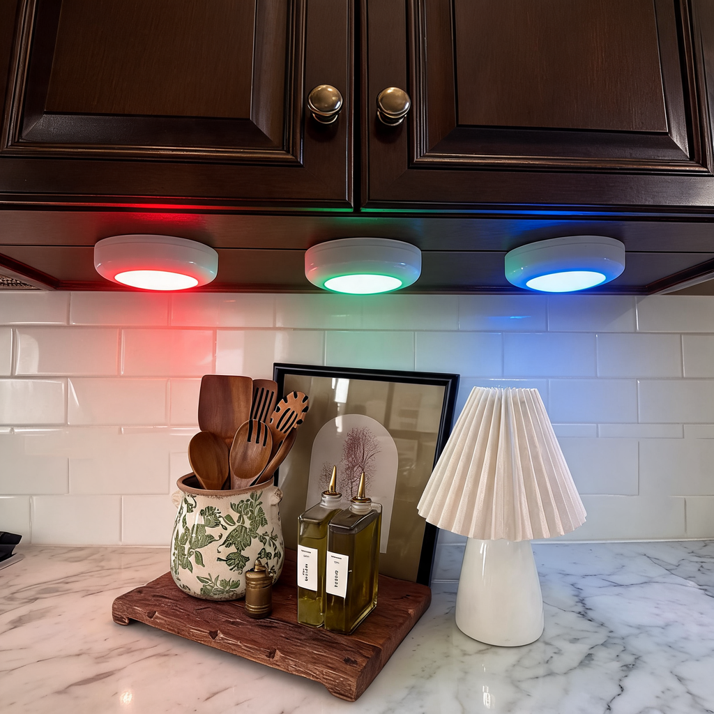 RGB Under Cabinet Puck Lights with Remote, Battery Powered Wireless LED Closet and Night Lights, Dimmable with Timer, Sets of 1 to 6