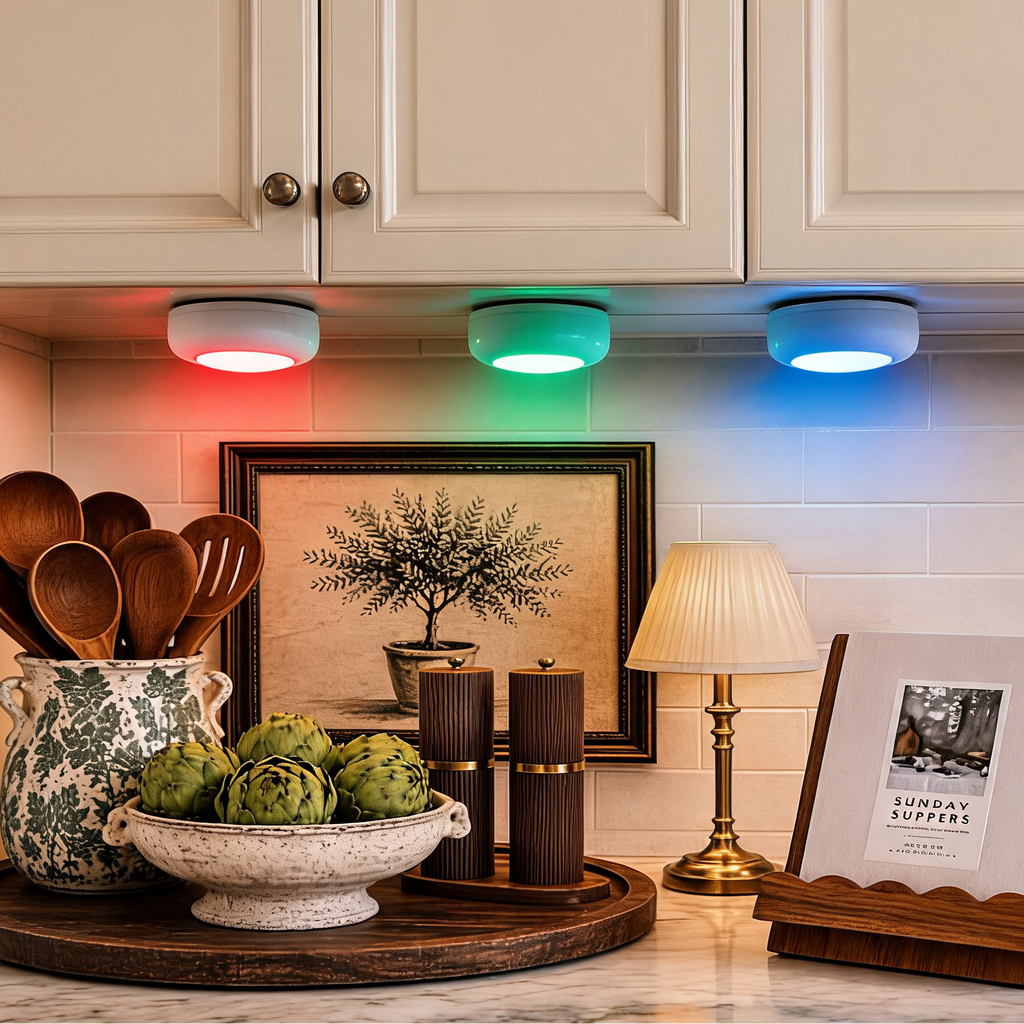 RGB Under Cabinet Puck Lights with Remote, Battery Powered Wireless LED Closet and Night Lights, Dimmable with Timer, Sets of 1 to 6