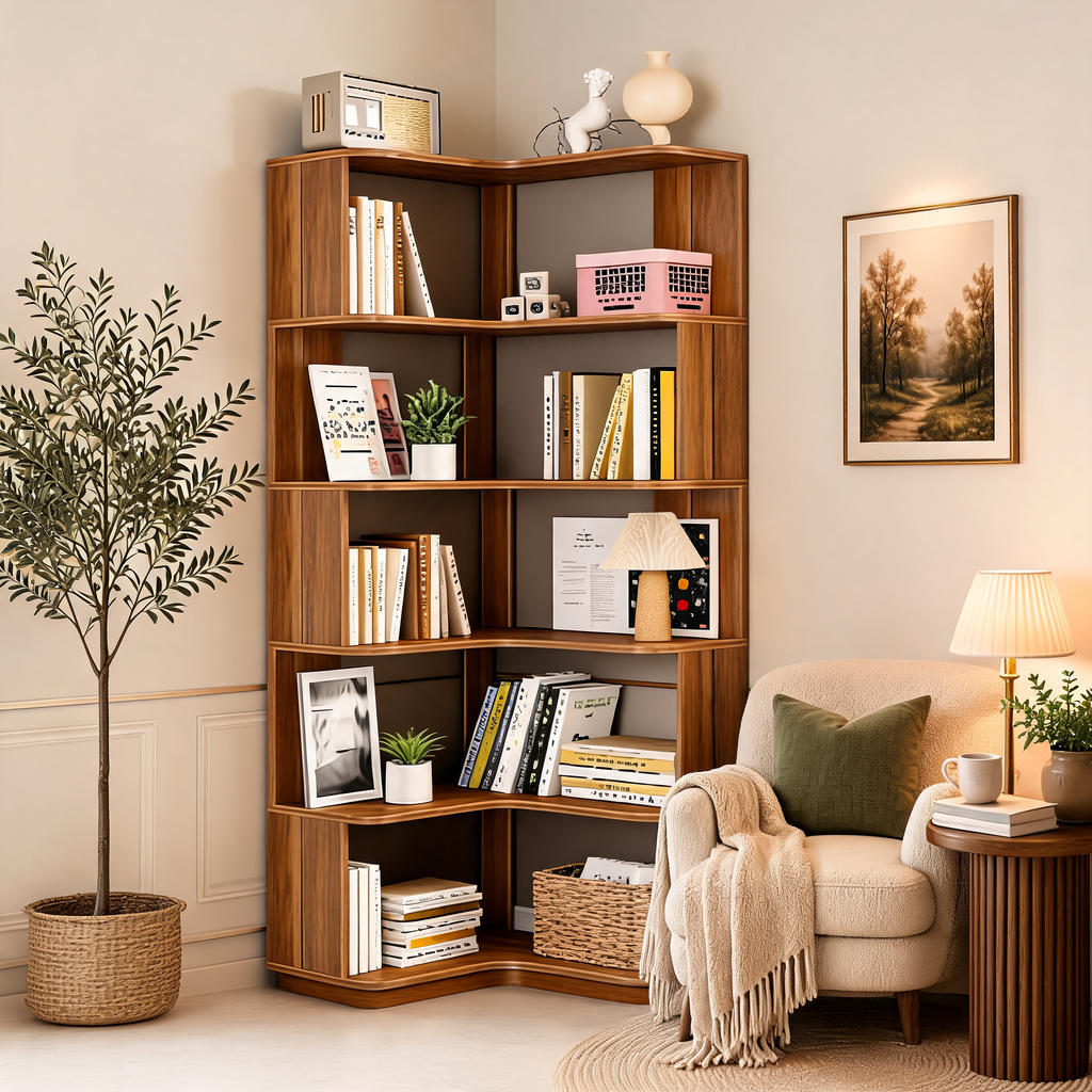 Stepped Corner Bookshelf, 6 Tier Brown Bookcase 165 x 60 x 60 cm / 65 x 23.6 x 23.6 in, Staggered Corner Shelving for Living Room, Study and Bedroom