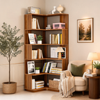Stepped Corner Bookshelf, 6 Tier Brown Bookcase 165 x 60 x 60 cm / 65 x 23.6 x 23.6 in, Staggered Corner Shelving for Living Room, Study and Bedroom