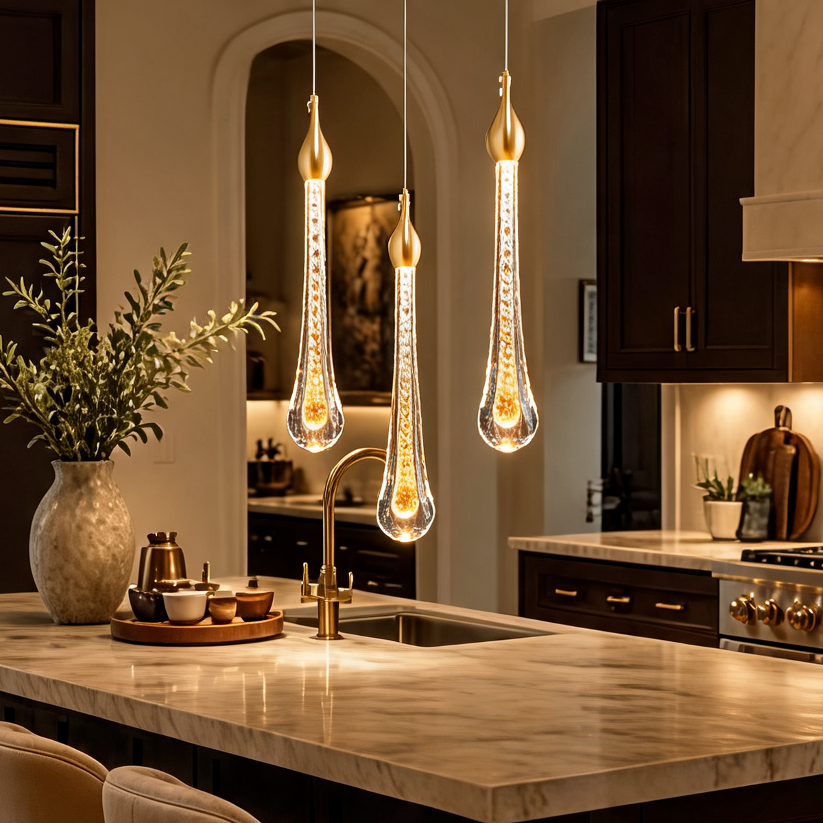 Raindrop Crystal Pendant Light, K9 Teardrop Cluster Ceiling Chandelier, Integrated LED, Three Whites, Kitchen Island and Stairwell