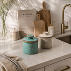 Ceramic Butter Dish with Lid, Kiln Turned Lidded Keeper Crock for Counter and Table, Blue, Gray or Green, Also for Salt and Garlic