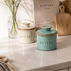 Ceramic Butter Dish with Lid, Kiln Turned Lidded Keeper Crock for Counter and Table, Blue, Gray or Green, Also for Salt and Garlic