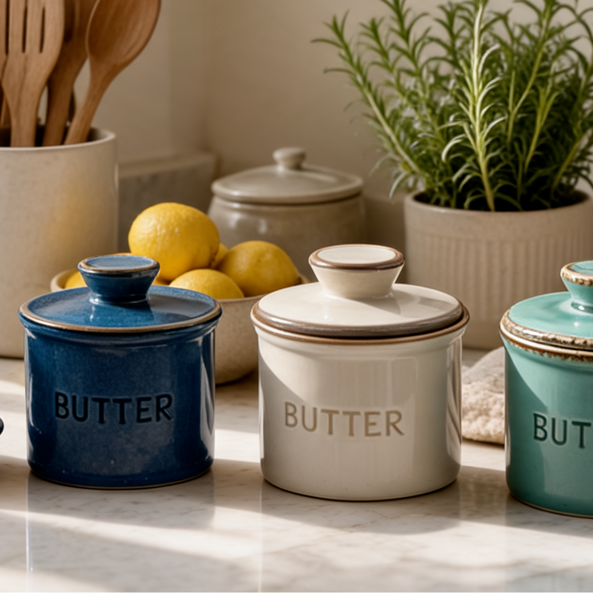Ceramic Butter Dish with Lid, Kiln Turned Lidded Keeper Crock for Counter and Table, Blue, Gray or Green, Also for Salt and Garlic