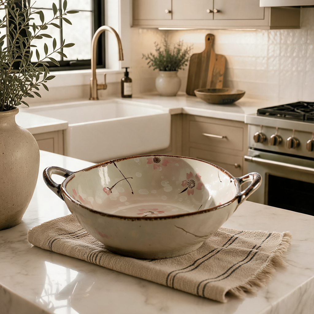 Japanese Ramen Bowl with Side Handle, 7.5 in / 19 cm Glazed Pottery Noodle Dish for Soup, Pasta and Salad, Four Floral Patterns