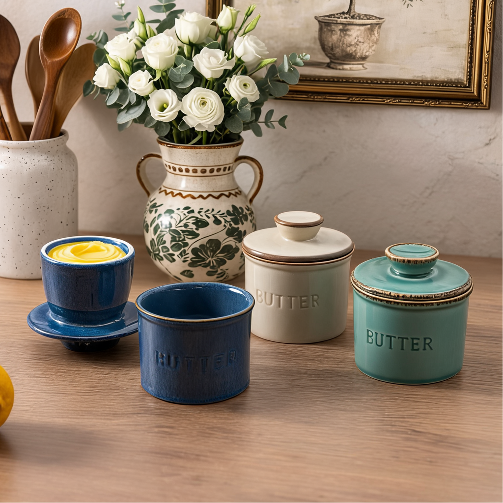 Ceramic Butter Dish with Lid, Kiln Turned Lidded Keeper Crock for Counter and Table, Blue, Gray or Green, Also for Salt and Garlic