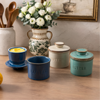 Ceramic Butter Dish with Lid, Kiln Turned Lidded Keeper Crock for Counter and Table, Blue, Gray or Green, Also for Salt and Garlic