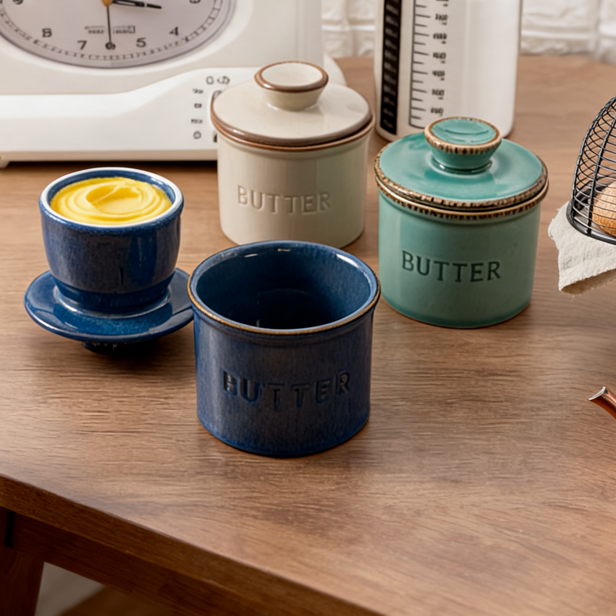 Ceramic Butter Dish with Lid, Kiln Turned Lidded Keeper Crock for Counter and Table, Blue, Gray or Green, Also for Salt and Garlic