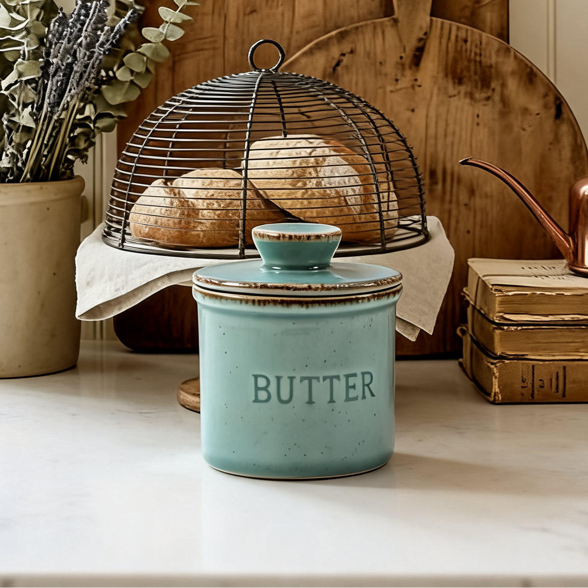 Ceramic Butter Dish with Lid, Kiln Turned Lidded Keeper Crock for Counter and Table, Blue, Gray or Green, Also for Salt and Garlic