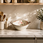 Japanese Ramen Bowl with Side Handle, 7.5 in / 19 cm Glazed Pottery Noodle Dish for Soup, Pasta and Salad, Four Floral Patterns