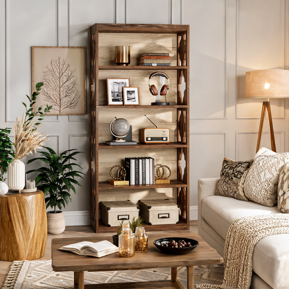 Bookcase with Five Open Shelves, 70.86 in / 180 cm Tall Wood and Black Steel Bookshelf, X Braced, 75 lb per Shelf, Study and Living Room