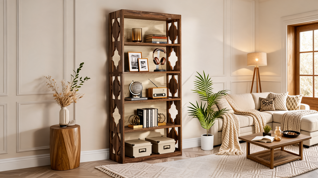 Bookcase with Five Open Shelves, 70.86 in / 180 cm Tall Wood and Black Steel Bookshelf, X Braced, 75 lb per Shelf, Study and Living Room
