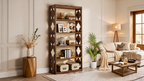 Bookcase with Five Open Shelves, 70.86 in / 180 cm Tall Wood and Black Steel Bookshelf, X Braced, 75 lb per Shelf, Study and Living Room