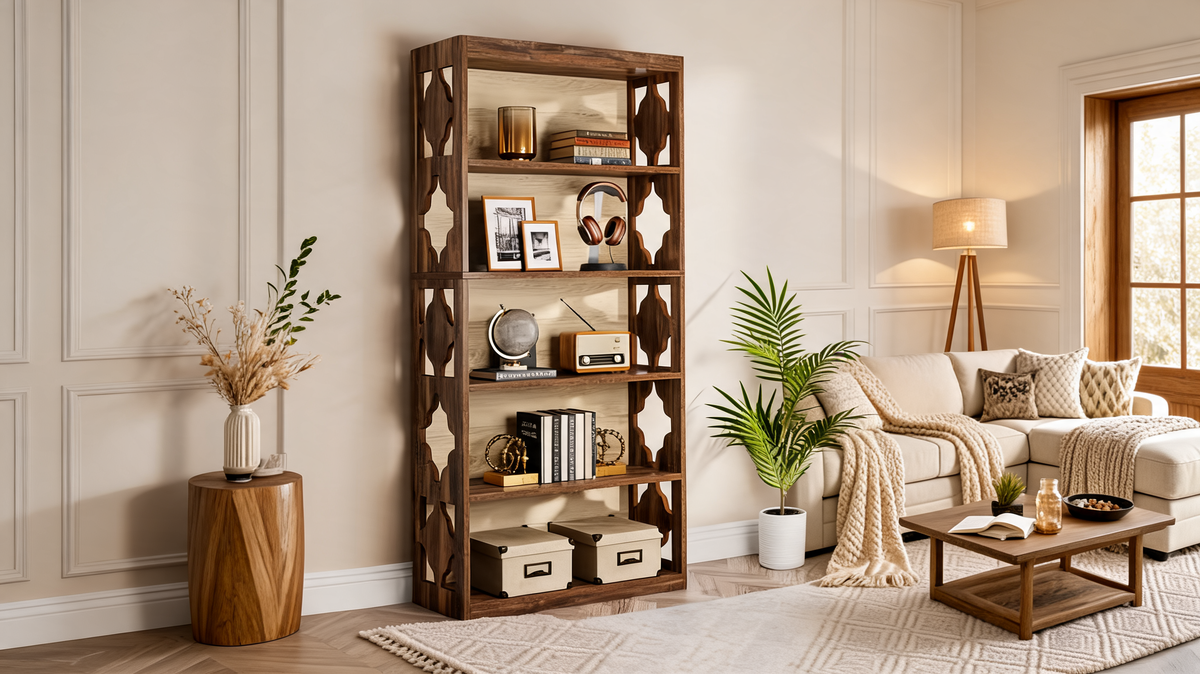 Bookcase with Five Open Shelves, 70.86 in / 180 cm Tall Wood and Black Steel Bookshelf, X Braced, 75 lb per Shelf, Study and Living Room