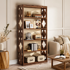Bookcase with Five Open Shelves, 70.86 in / 180 cm Tall Wood and Black Steel Bookshelf, X Braced, 75 lb per Shelf, Study and Living Room