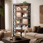Bookcase with Five Open Shelves, 70.86 in / 180 cm Tall Wood and Black Steel Bookshelf, X Braced, 75 lb per Shelf, Study and Living Room