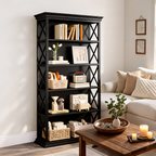 Bookcase with Five Open Shelves, 70.86 in / 180 cm Tall Wood and Black Steel Bookshelf, X Braced, 75 lb per Shelf, Study and Living Room
