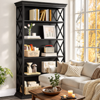 Bookcase with Five Open Shelves, 70.86 in / 180 cm Tall Wood and Black Steel Bookshelf, X Braced, 75 lb per Shelf, Study and Living Room