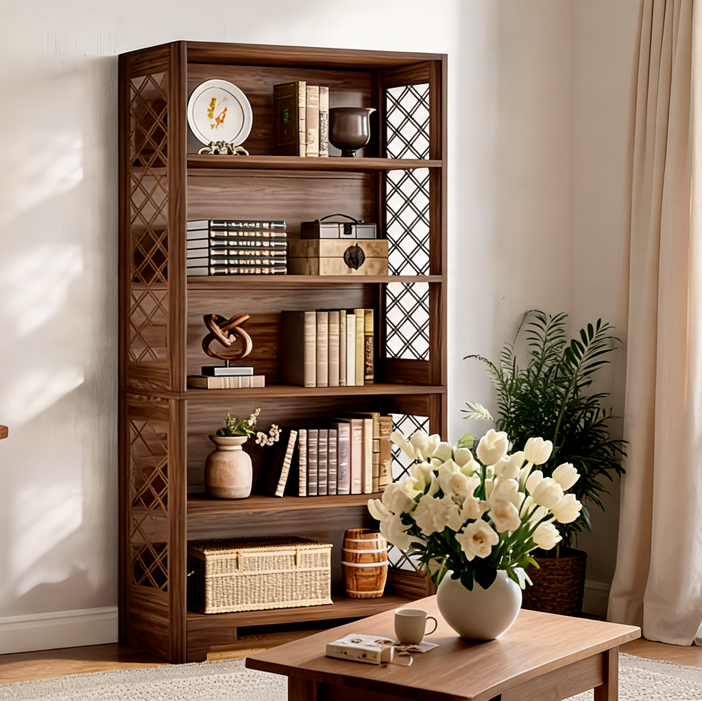 Bookcase with Five Open Shelves, 70.86 in / 180 cm Tall Wood and Black Steel Bookshelf, X Braced, 75 lb per Shelf, Study and Living Room