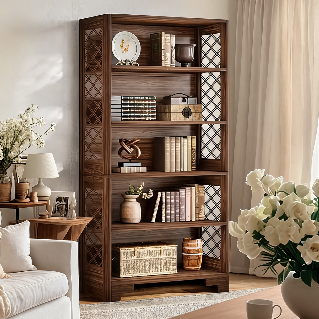 Bookcase with Five Open Shelves, 70.86 in / 180 cm Tall Wood and Black Steel Bookshelf, X Braced, 75 lb per Shelf, Study and Living Room