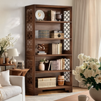 Bookcase with Five Open Shelves, 70.86 in / 180 cm Tall Wood and Black Steel Bookshelf, X Braced, 75 lb per Shelf, Study and Living Room