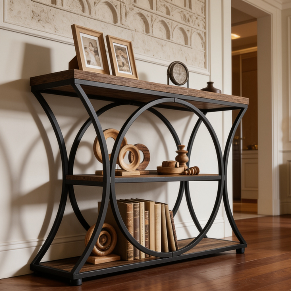 Three Tier Console Table with Arched Black Metal Frame, 41.34 in / 105 cm Wide Narrow Sofa Table in Rustic Wood, Hallway and Entryway