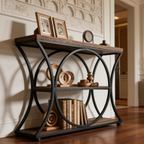 Three Tier Console Table with Arched Black Metal Frame, 41.34 in / 105 cm Wide Narrow Sofa Table in Rustic Wood, Hallway and Entryway