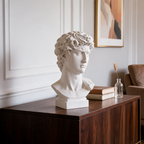 David Bust Statue, Matte White Resin Sculpture on a Plinth, Michelangelo Head Bust, 18 x 10 x 30 cm / 7.1 x 3.9 x 11.8 in, for a Desk or Shelf