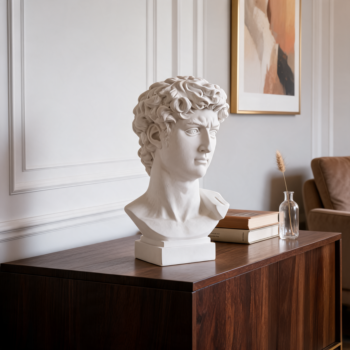 David Bust Statue, Matte White Resin Sculpture on a Plinth, Michelangelo Head Bust, 18 x 10 x 30 cm / 7.1 x 3.9 x 11.8 in, for a Desk or Shelf